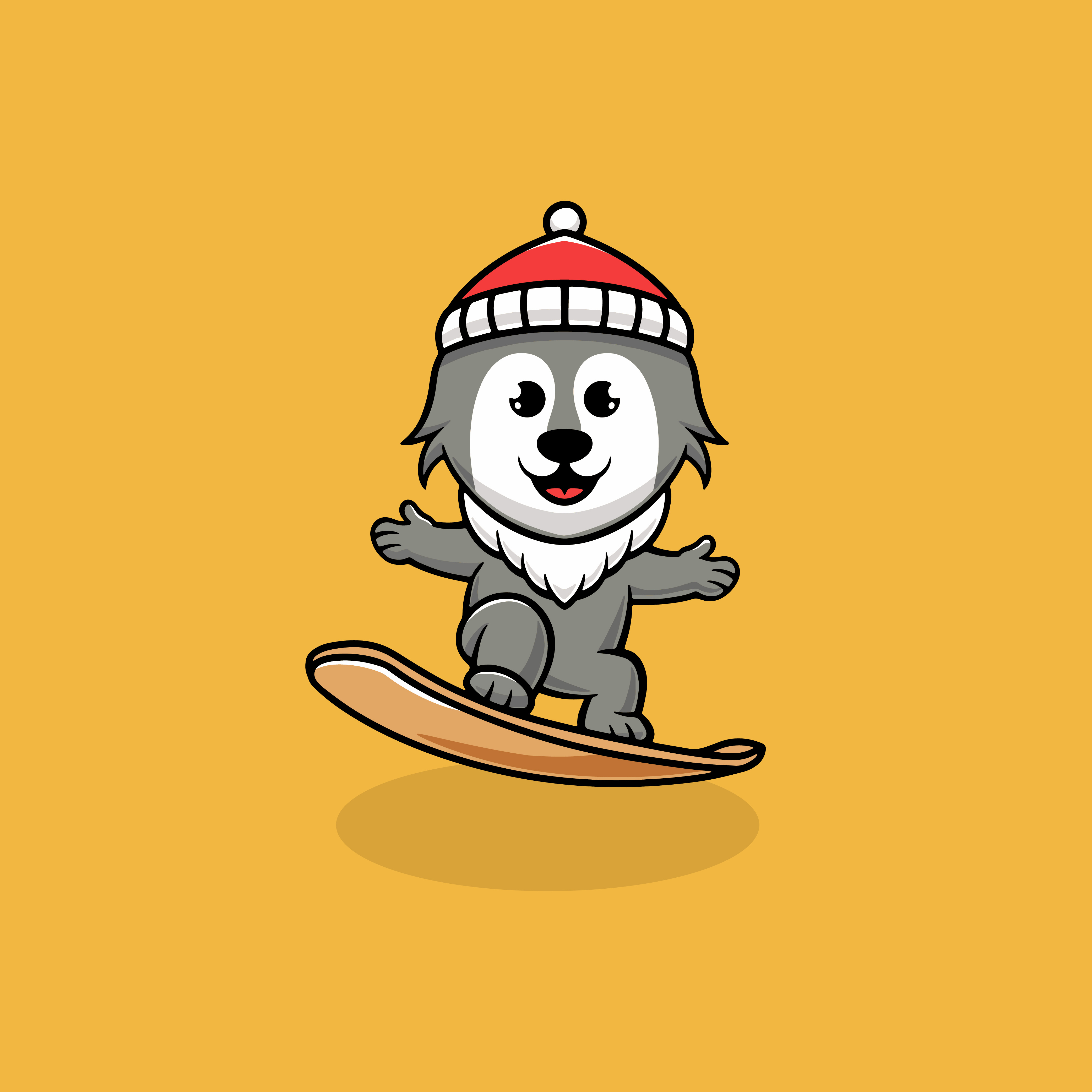 Cute wolf snowboarding at christmas cartoon illustration seasonal