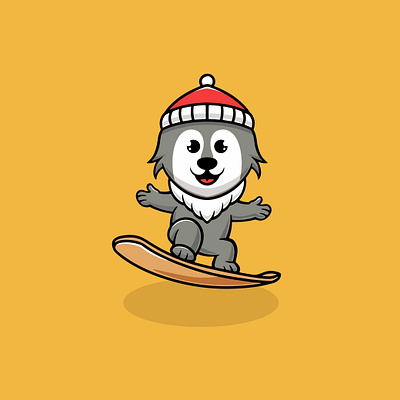 Cute wolf snowboarding at christmas cartoon illustration seasonal