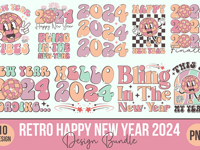 Retro Happy New Year 2024 Design Bundle retro