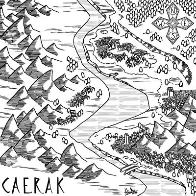 Caerak black and white cartography digital fantasy map illustration lineart map map design mapping maps medieval medieval fantasy monochrome