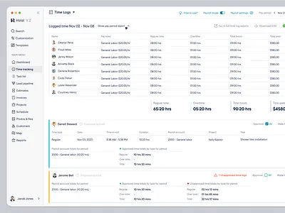 Time Tracking b2b saas breakdown clean interface complex data construction management employee report multiple employee report saas web app design time logs time tracking