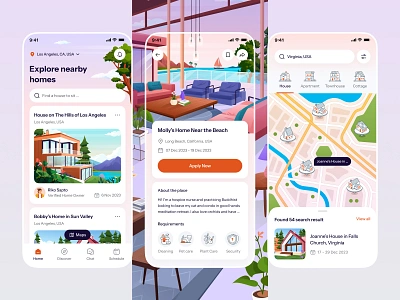 House Sitting Mobile App 🏠 airbnb app clean decor exterior graphic design home house house sit illustration interior map mobile orely pet plant travel ui ui design ux