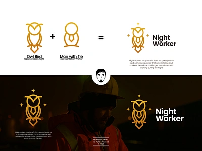 Night Worker Logo Design animal bird branding design gold logo job line art line vector logo man mark minimalist monoline night office worker owl owls vector work worker