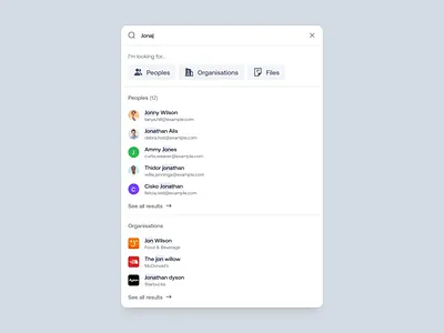 Search advanced search b2b crm filter finder live search minimal product design saas modal saas webapp seach modal search bar search results smart search ui
