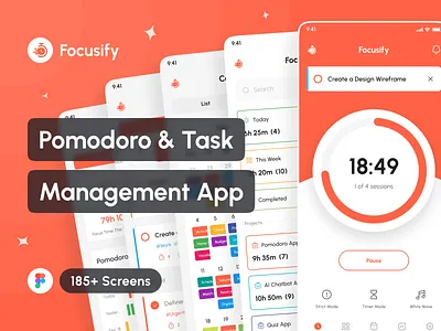 Focusify - Pomodoro & Task Management App UI Kit app app design application design design system focus todo app interface mobile mockup pomodoro app portfolio productivity app project management app task management app todo list app ui ui design ui kit uiux uxui
