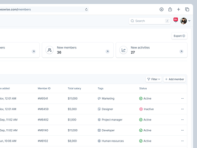 Neowise: Members Page - Financial Tracking WebApp SaaS Dashboard account accounting admin app design dashboard finance financial fintech grid list member product design saas table tracking uidesign uiux uxdesign web app webapp