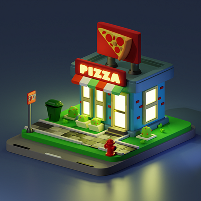 3d Isometric Pizza Shop 3d 3dillustration blender3d isometric night