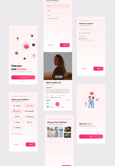 Juleo Dating Mobile App Design 3d animation app branding concept ui dating app design find your match gender selection graphic design illustration logo motion graphics onboarding screens profile screens profile view ui user flow user interface ux