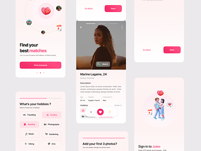 Juleo Dating Mobile App Design 3d animation app branding concept ui dating app design find your match gender selection graphic design illustration logo motion graphics onboarding screens profile screens profile view ui user flow user interface ux