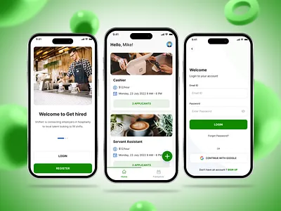 Get Hired App UI Design app design design freelance app freelancer home screen ios app design login screen onboarding ui ui design ux ux design