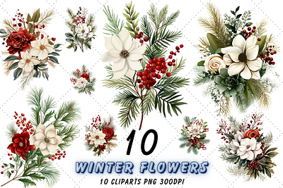Evergreen Winter Flowers Sublimation Clipart | Winter Flower winter illustration