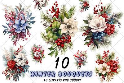 Winter Berries Bouquets Sublimation Clipart Bundle | PNG graphic design illustration watercolor bouquets watercolor design winter bouquet winter clipart