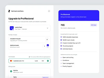 Hartmann & Sons - Pricing Page (Upgrade Plan) billing businesss choose choose plan clean design features flat method minimalistic payment payment method plan pricing pricing plan ui upgrade web web design website