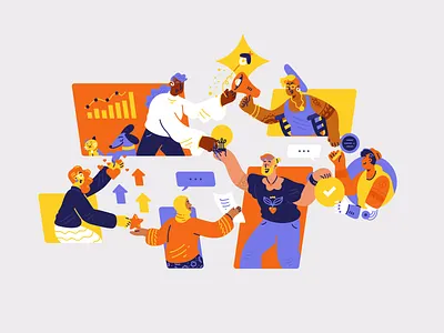 Team illustration business character design collaboration colorful creative illustration custom design diversity flat style getillustrations hero illustration icons illustration illustrations for web meeting people team team chat vectopus vector website branding