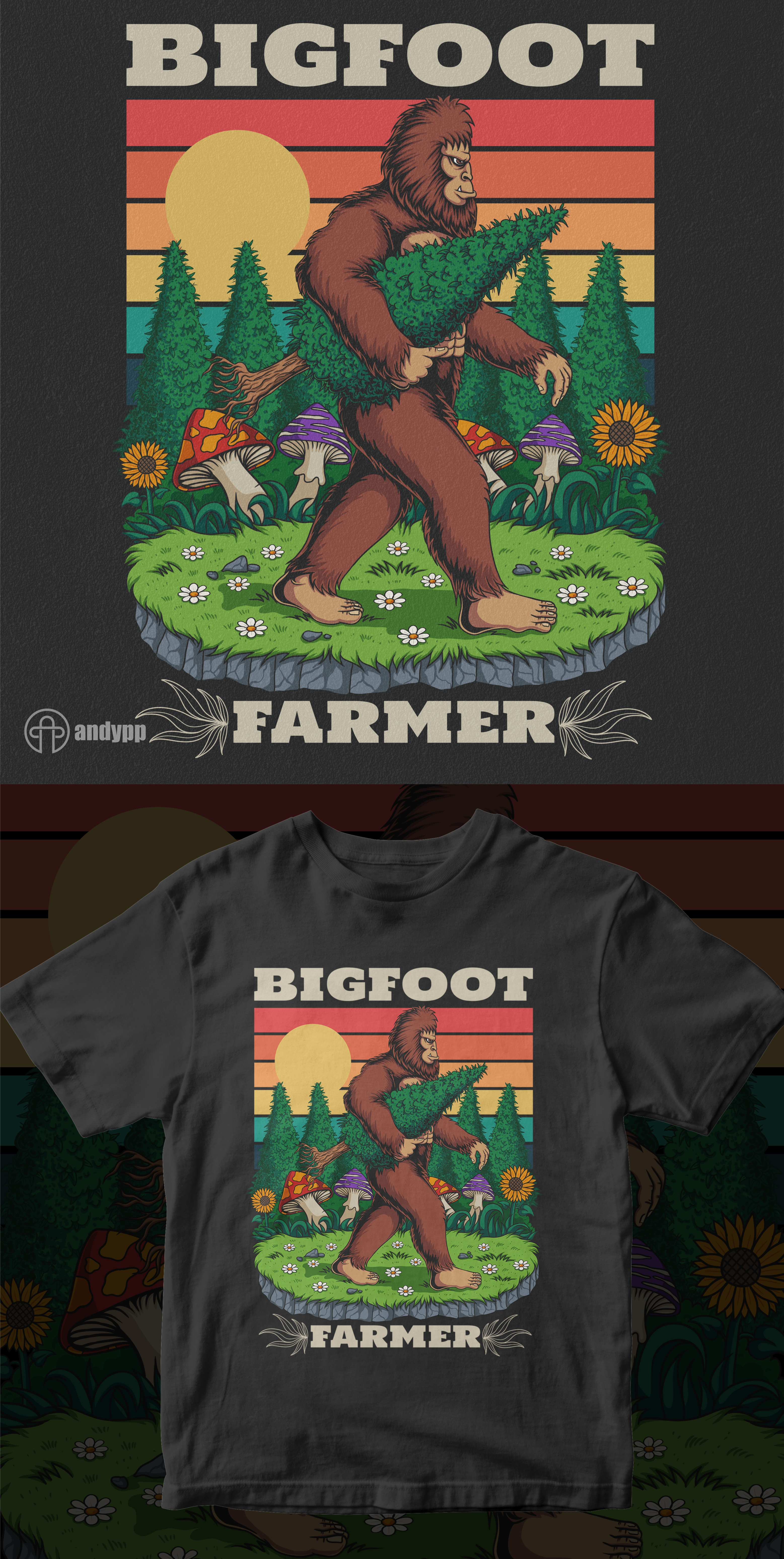 Bigfoot retro farmer ( for sale ) 420 80s 90s art artwork bigfoot classic design farm farmer garden illustration logo retro sasquatch shirt sunset t shirt vintage weed