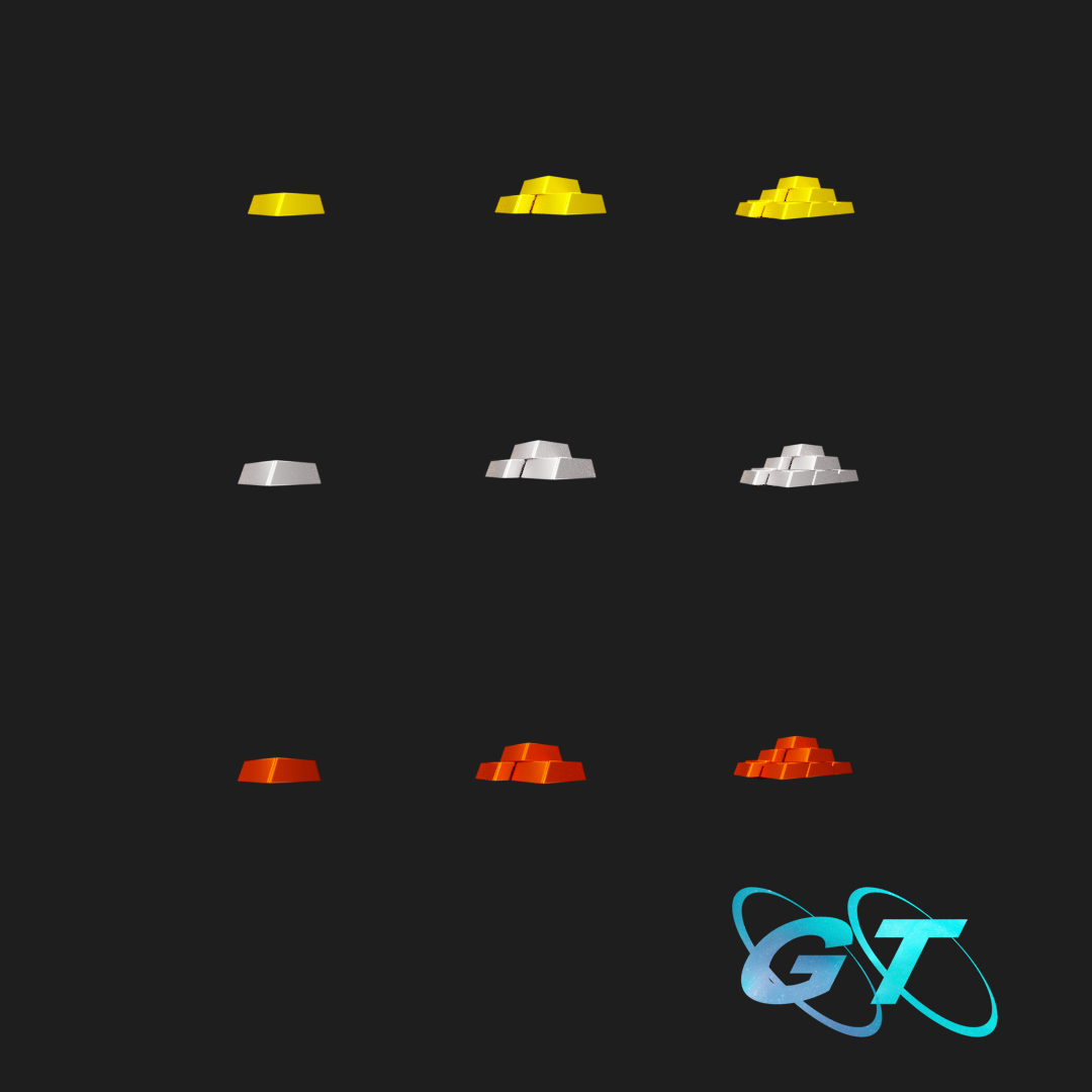 Example of Currency game icons; Gold, Bronze and Silver bars