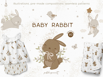 Collection "Baby rabbit" - cute illustrations and pattern birds bunny cute animals rabbit textile design