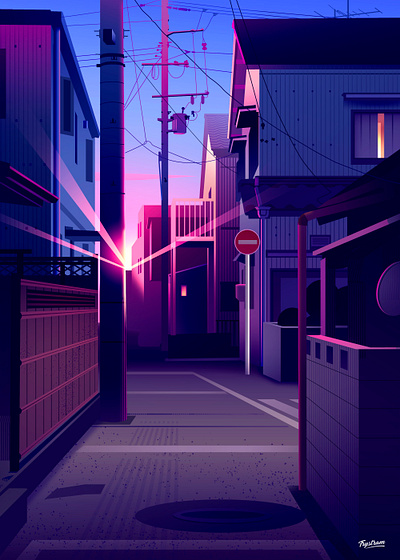 Sunrises alley city illustration japan light mood neon tokyo