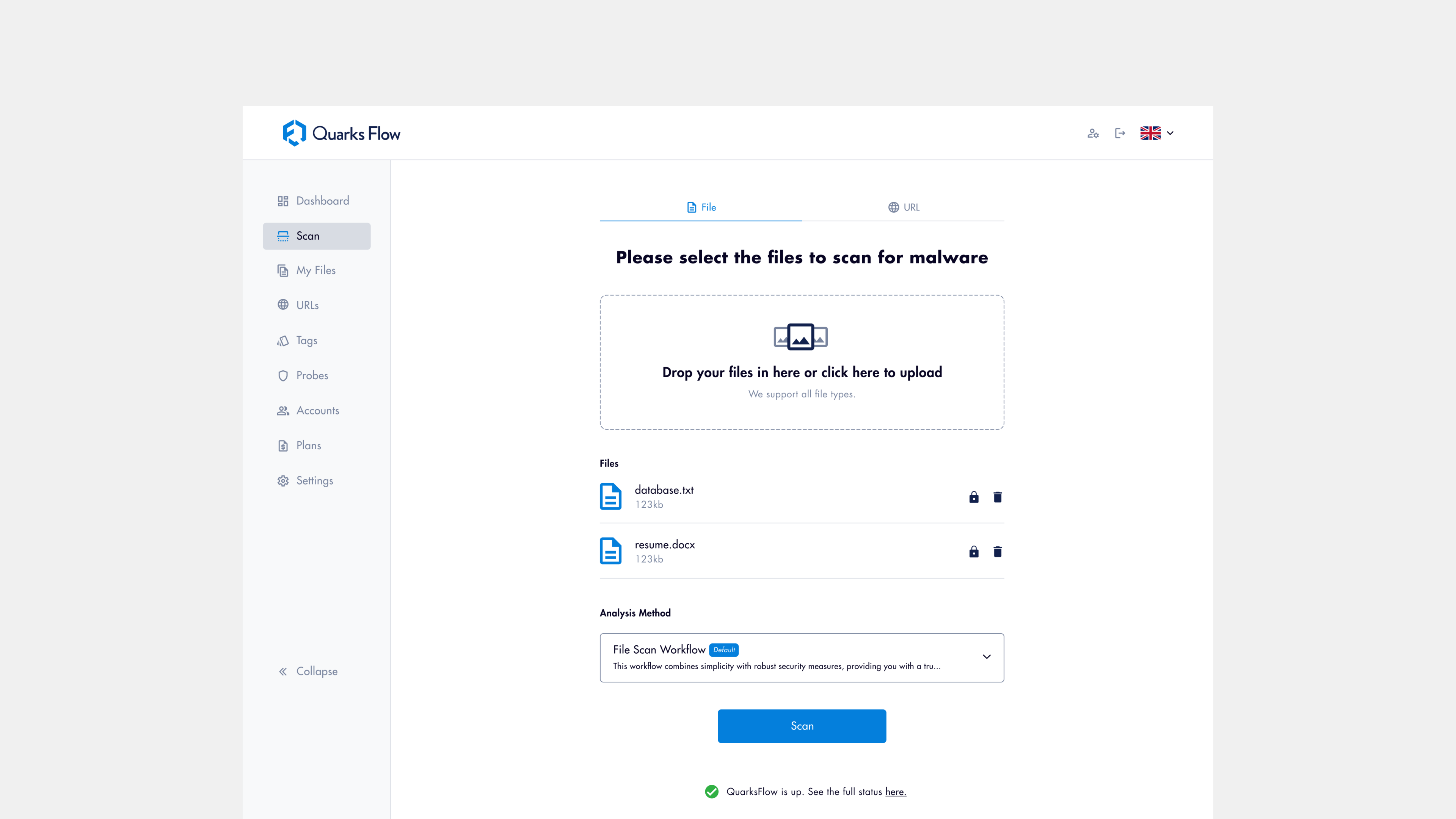 File Scan [QF] antivirus app cybersecurity file malware online platform probe saas scan security threat web workflow