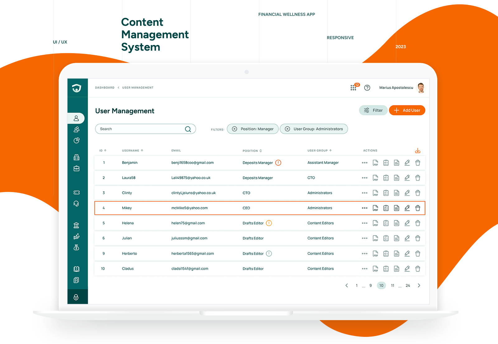 Content Management System Contuvo cms content management system dashboard figma financial wellness green orange table ui uiux user experience user interface web app web design
