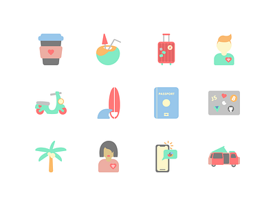 Digital nomad and travel illustrations backpacker bali camping coconut coffee colorful digital nomad fun happy hot iconography icons illustrations luggage passport scooter summer surfing travel van