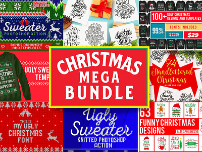 Christmas Mega Bundle bundle christmas christmas card christmas font hand lettering holiday graphics instagram post instagram template knitted knitted background knitted sweater knitting merry christmas quote ugly sweater xmas card