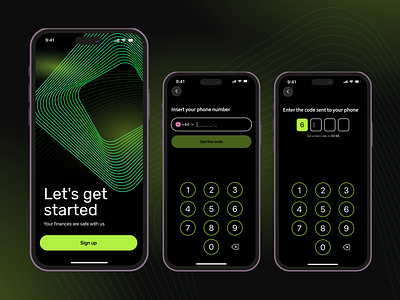 Finance app abstract app authorization bank dark theme design finance login form mobile neon green ui