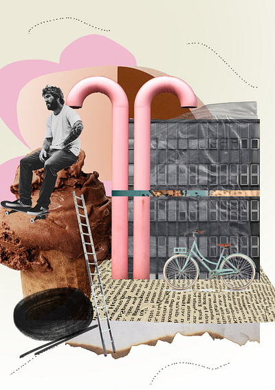 ice cream pop up adobe photoshop bicycle building collage collage design design digital collage ice cream men newspaper pink pipes poster poster design skate skateboard skateboarding