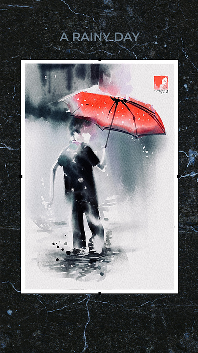 Watercolor digitally painted illustration art artistic black colotful digital painting graphic design home decor painting portrait rainy day red wall decor watercolor