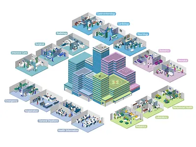 Medical Center 2.5d healthcare isometric medical center medical departments medicine template vector