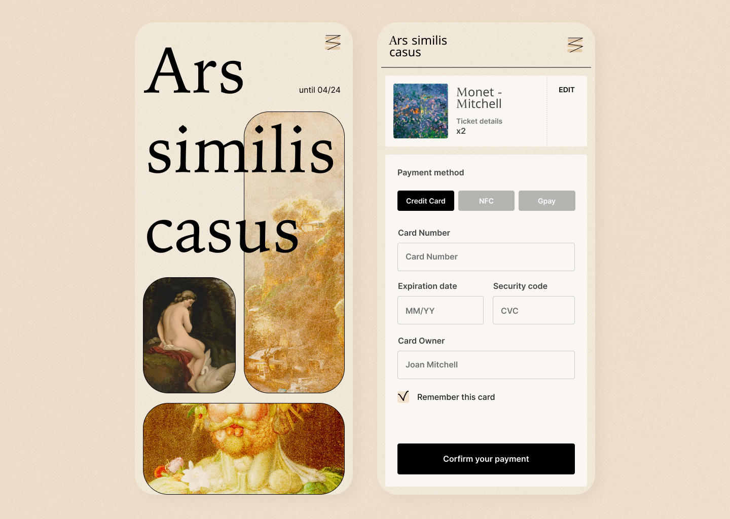 Museum Ticket Checkout art beige card checkout credit card daily ui dailyui flat mobile ui