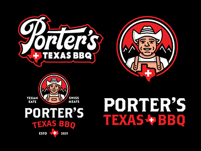 Porter's Texas BBQ badge barbecue barbeque bbq branding food graphic design identity illustration logo mascot swiss switzerland texas