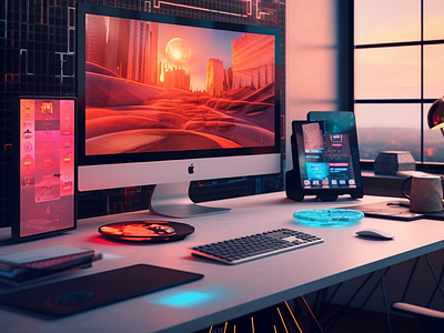 Futuristic Desk Space ai computer desk desktop free office photo space work