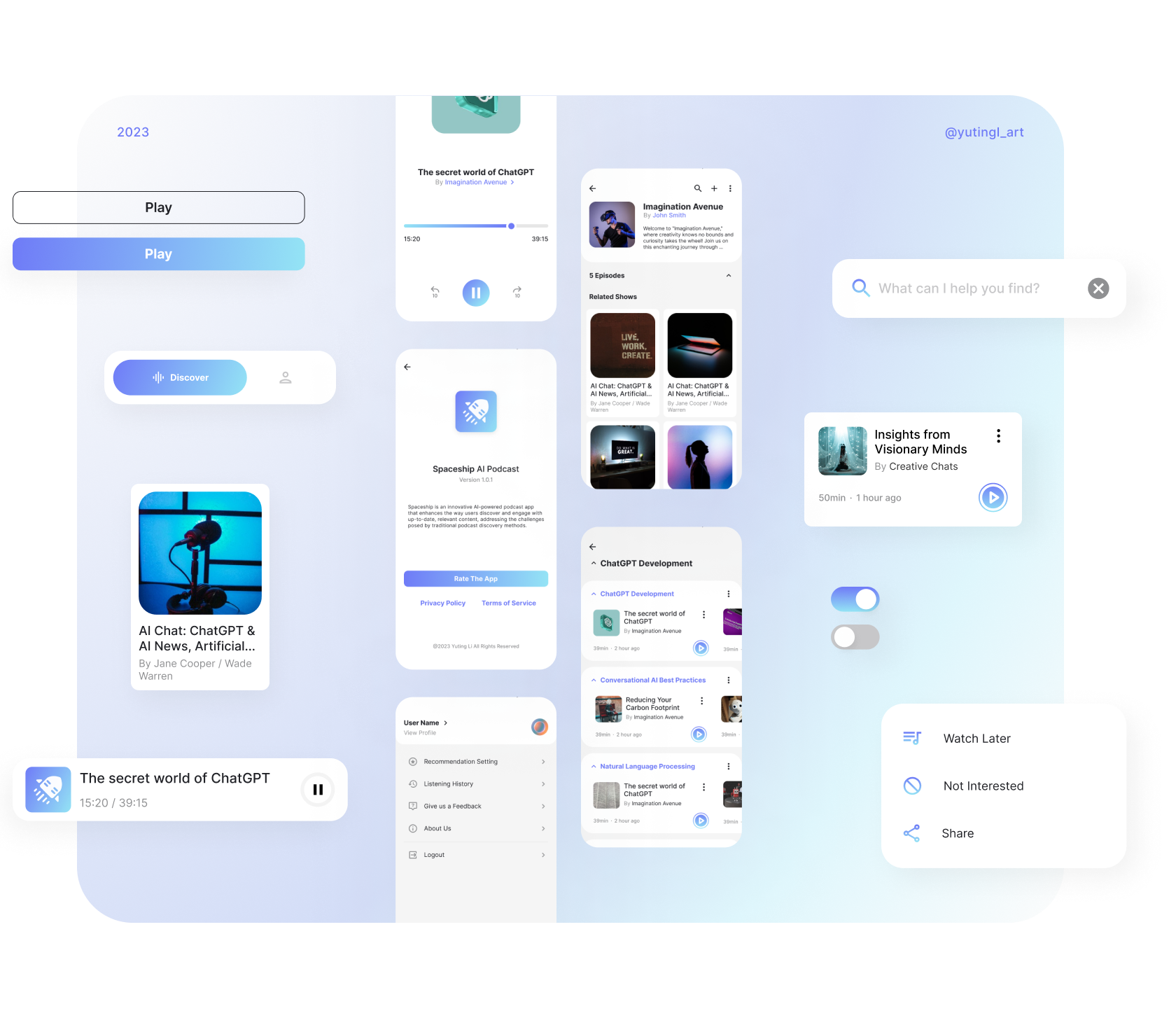 AI Podcast App UI & Components ai app app component app design app screen branding components design flat art graphic design illustration interface design mobile mobile app design tech ui ui design uiux user interface ux ux design