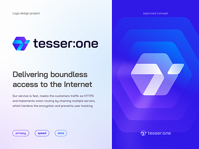 Tesser:one Logo Design access anonymous blockchain branding data decentralised gradient icon identity lepisov lettering logo network onion private routing saas tech virtual vpn