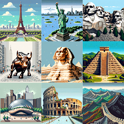 DALL-E Famous Monuments Pixelated art deign graphic design pixel art