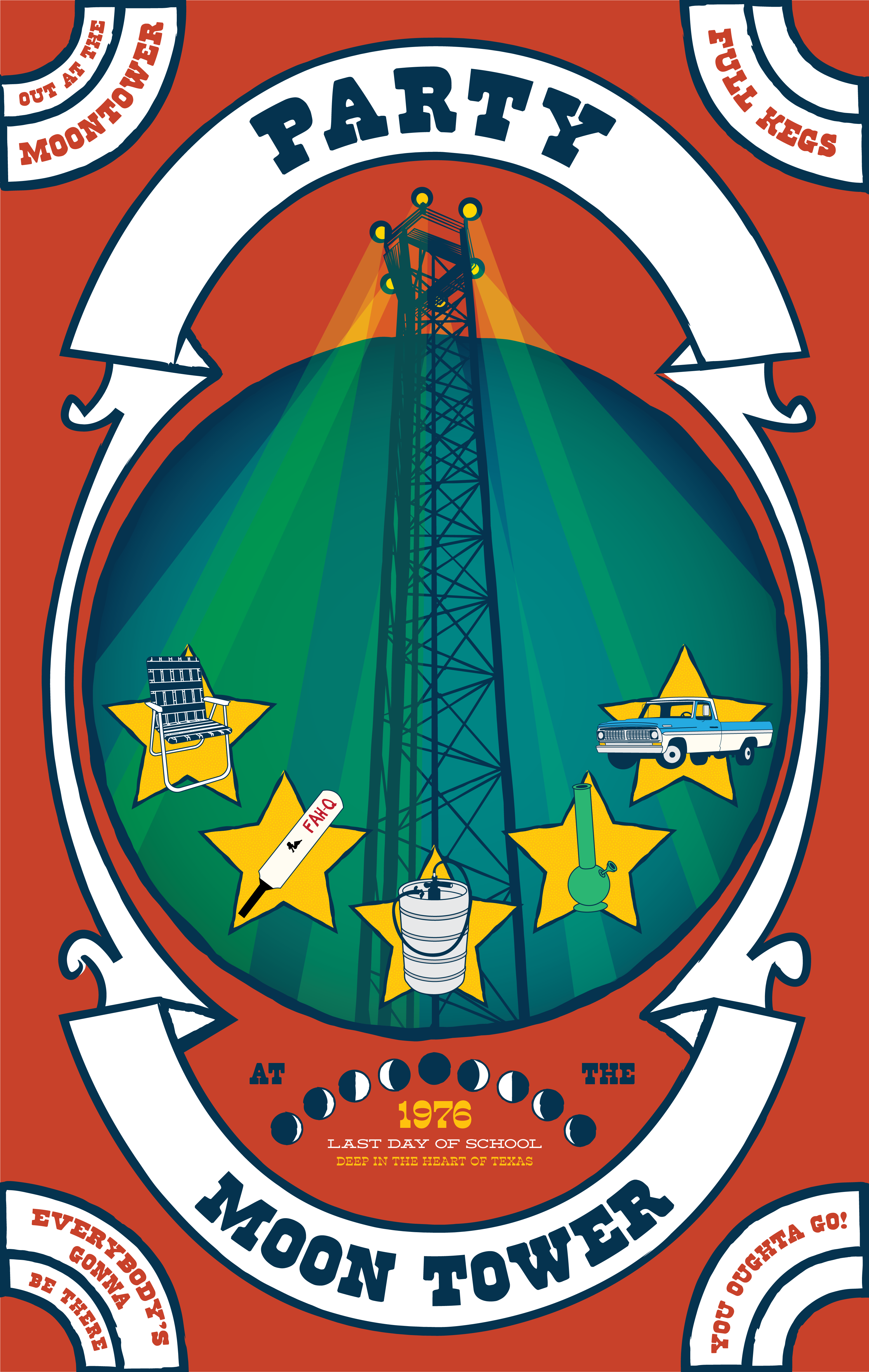 Party at the Moon Tower branding cinema poster dazed and confused design film graphic design illustration illustrator invitation layout moon tower movie poster party party at the moon tower poster texas vector