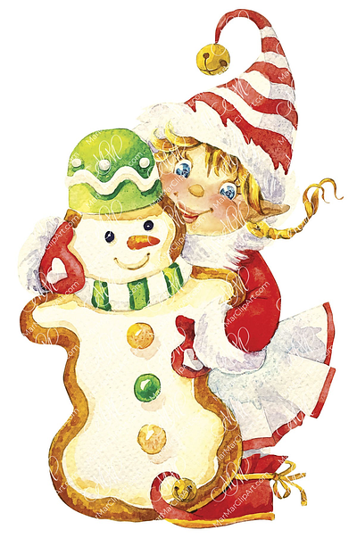 Funny girl with Christmas gingerbread snowman christmas christmas card christmas character christmas gingerbread christmas illustration cute girl gingerbread graphic design instant download labels design leprechaun packaging design watercolor watercolor illustration