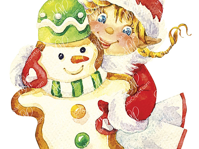 Funny girl with Christmas gingerbread snowman christmas christmas card christmas character christmas gingerbread christmas illustration cute girl gingerbread graphic design instant download labels design leprechaun packaging design watercolor watercolor illustration