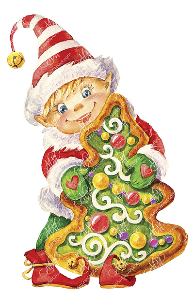 Leprechaun boy with Christmas gingerbread christmas card christmas character christmas gingerbread christmas illustration christmas tree cute boy cute character instant download labels design leprechaun packaging design sale watercolor illustration