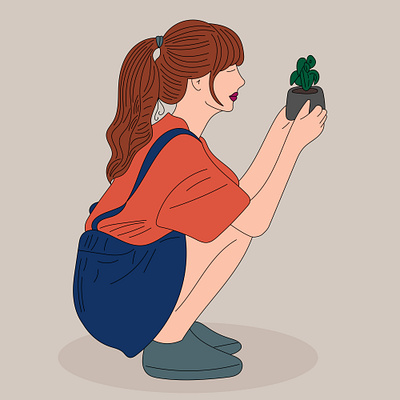 A cute girl is squatting and holding a plant app branding design graphic design illustration logo typography ui ux vector