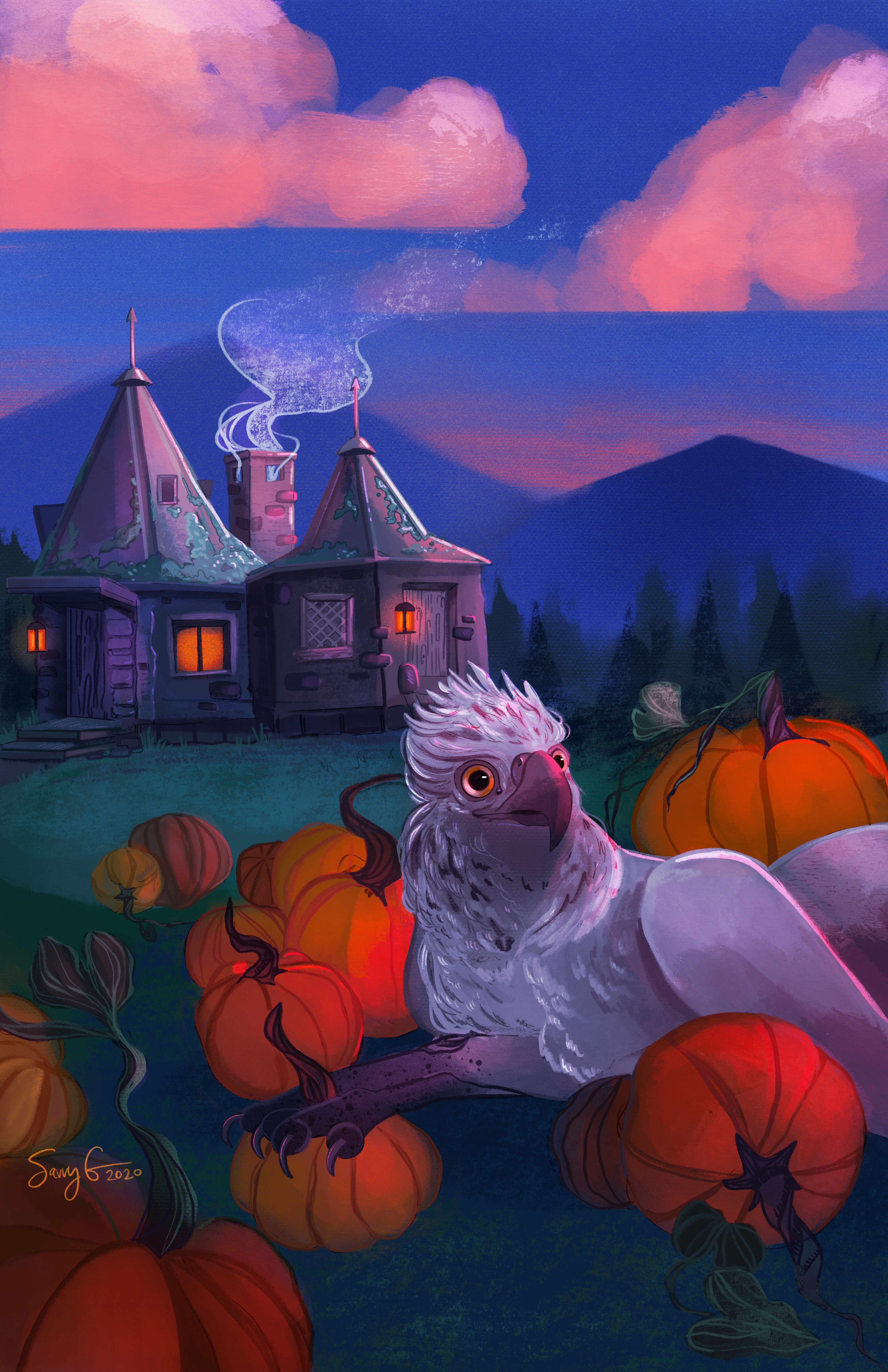 Buckbeak Near Hagrids Hut at Sunset buckbeak digital illustration digital painting hagrid harry potter hippogriff hogwarts illustration painting procreate pumpkin patch