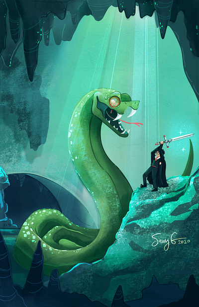 Harry Potter Fights the Basilisk Poster chamber childrens book illustration digital art digital painting harry potter hogwarts illustration kids book poster procreate sword