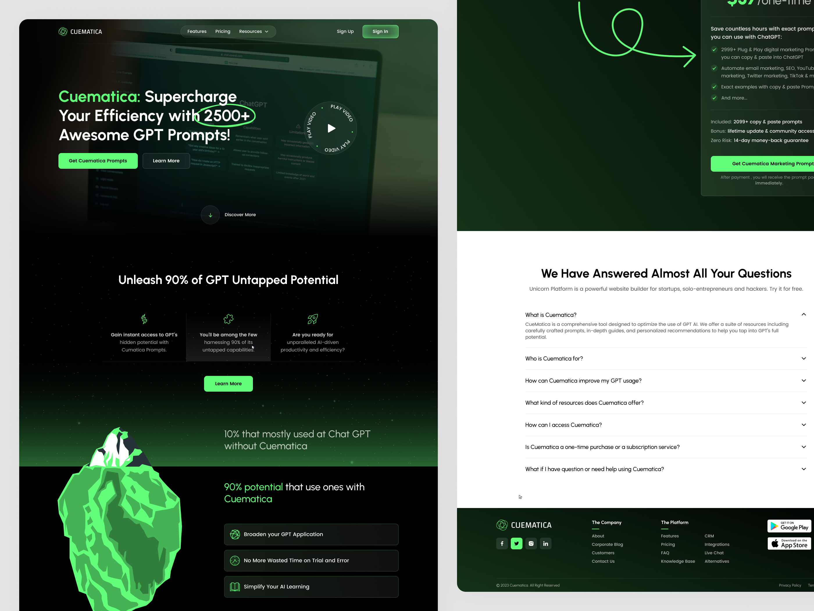 Cuematica - ChatGPT Prompts Landing Page⚡️ ai ai integration ai landing page ai website chat gpt design inspiration dribbble figma ghatgpt graphic design landing page tech website uiux user interface web design website design