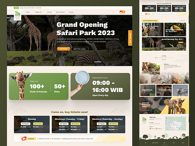 🌱🦥 Safari park website : Explore majestic creatures with us amusement animal bold bold design branding design green kebun binatang orange park safari site ui uiux user friendly ux web website yellow zoo