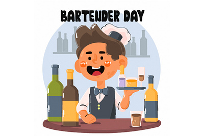 Bartender Holding a Silver Tray with a Bottle Illustration alcohol bar bartender beverage bottle cocktail drink illustration job party restaurant vector