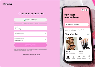 Klarna- Create Account/Login create account email input log in payment setups shopping sign in sign up