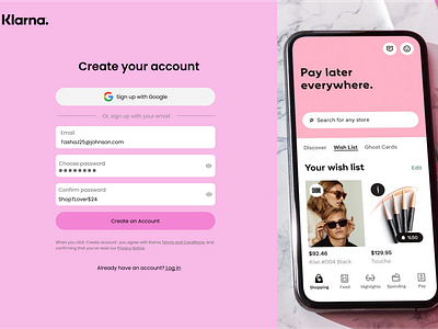 Klarna- Create Account/Login create account email input log in payment setups shopping sign in sign up