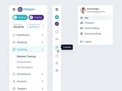 Sidebar Navigation eShipper buttons collapsed menu component dropdown elements header icons menu modal window option options pop up sidear tooltip ui user experience ux variations web application working process