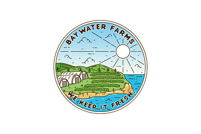 Baywater Farms adventure apparel badge beach brand brand identity branding design emblem illustration label landscape line line art logo logo design monoline pin sticker vector